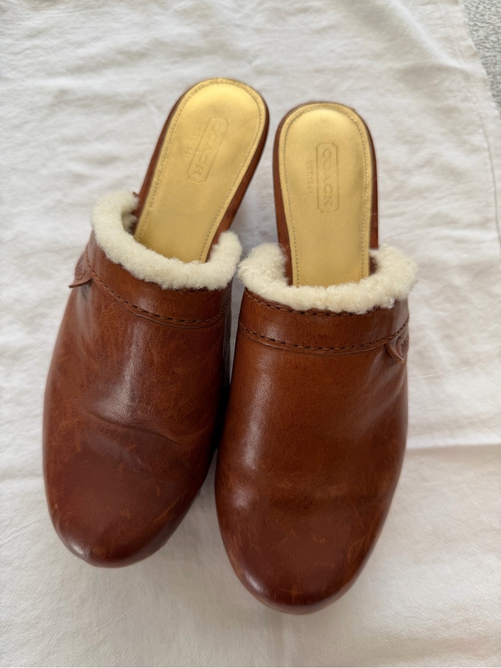 Vintage Coach Women's Brown Leather Shearling-Lined Clogs